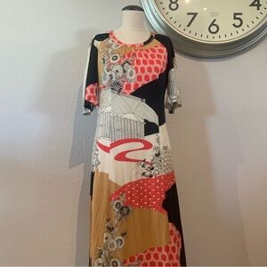 Vintage Black and Red Print Maxi Dress
